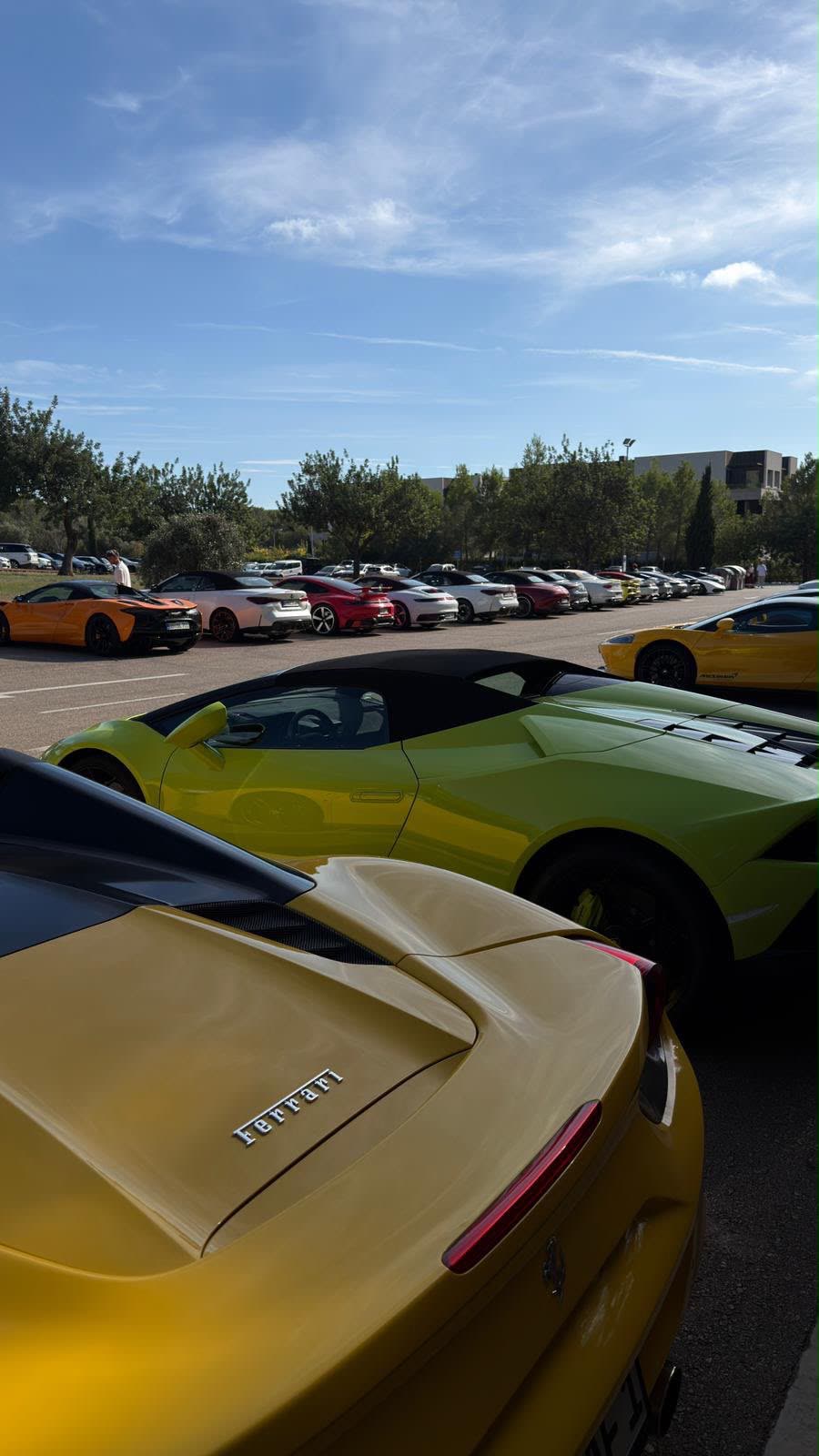 Gelber Ferrari und grüner Lamborghini in einer Fahrzeugreihe